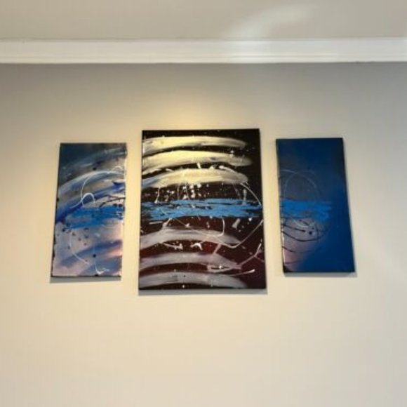 Homemade Thin Blue Line Abstract Triptych One of a Kind on Large Canvas - Picture 3 of 7